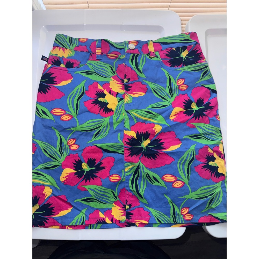 Polo Jeans Co Ralph Lauren Floral Hibiscus Mini Skirt Blue Pink Tropical Sz 2